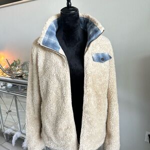 Pendleton Cream Sherpa Jacket with Blue Plaid Trim
